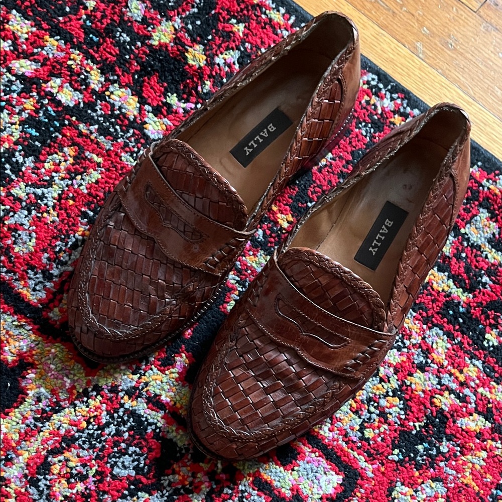 Bally Brown Leather Penny Loafers with Woven Texture